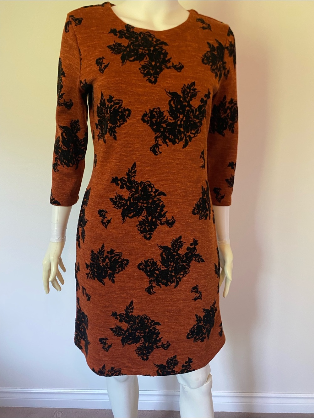 Suzy Shier Burnt Orange Dress with Black Floral Print